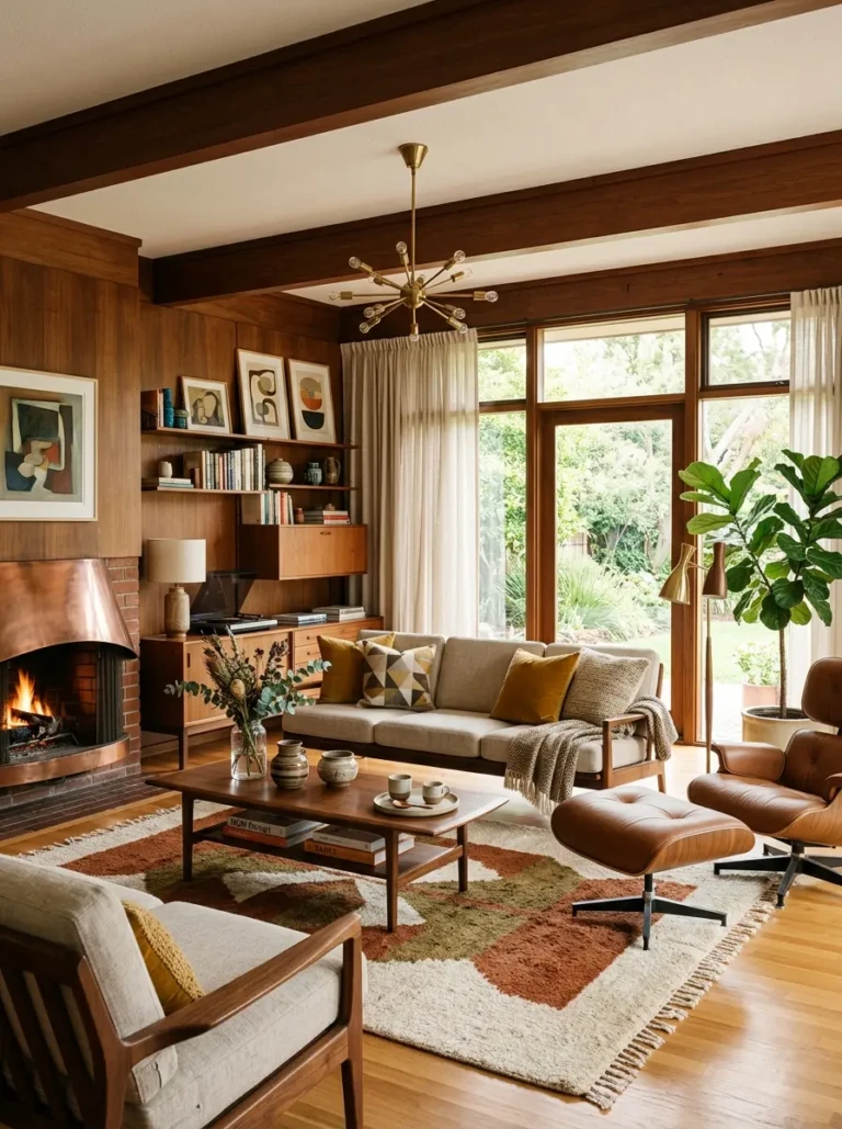 Thoughtfully designed mid century modern living room with warm textures and balanced styling.