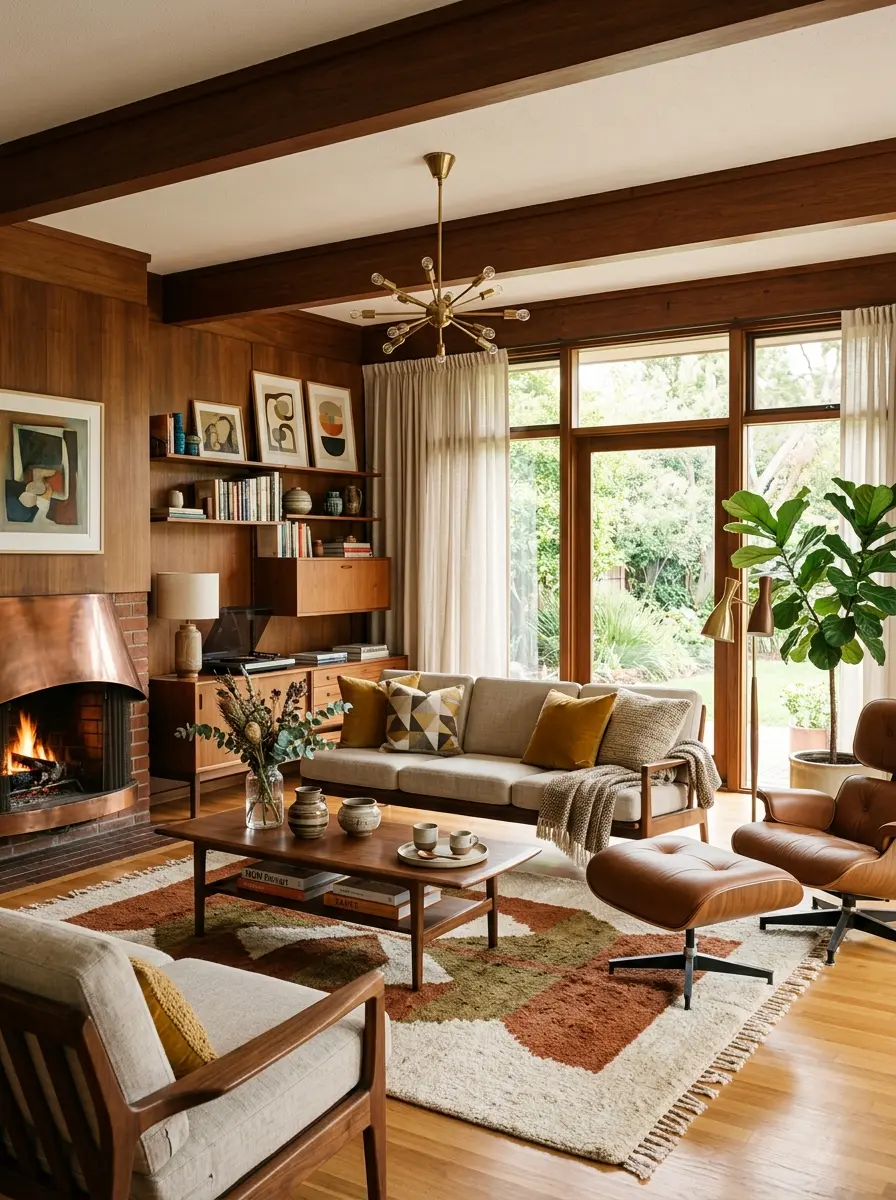 Thoughtfully designed mid century modern living room with warm textures and balanced styling.