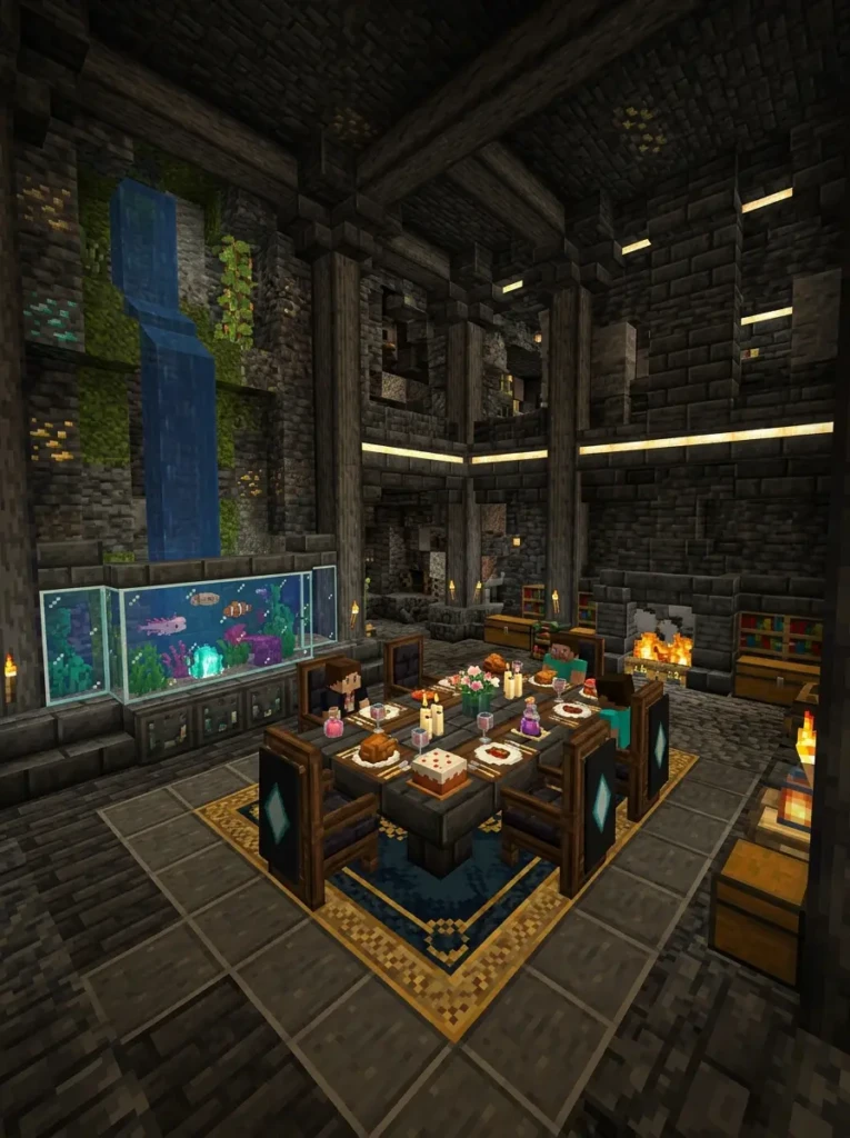 Elegant Minecraft cave dining room illuminated with warm hidden lighting.