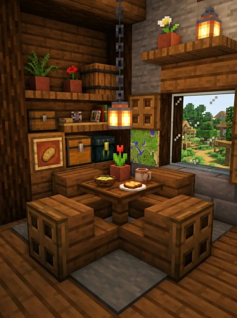 Compact Minecraft dining nook with a cozy table and window seating.