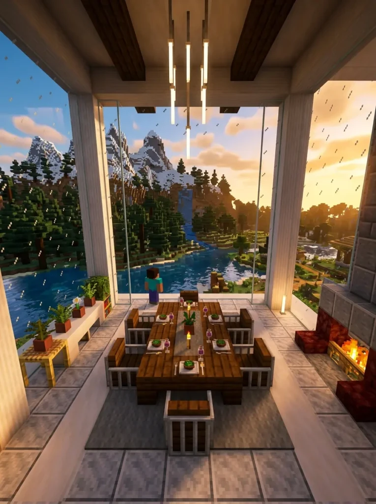 Modern Minecraft dining room surrounded by panoramic mountain and lake views.