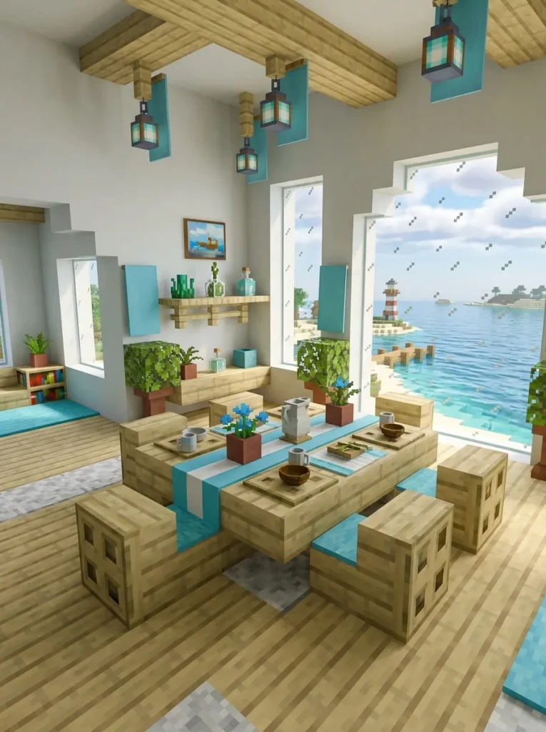 Bright coastal-inspired Minecraft dining room with airy decor and ocean colors.