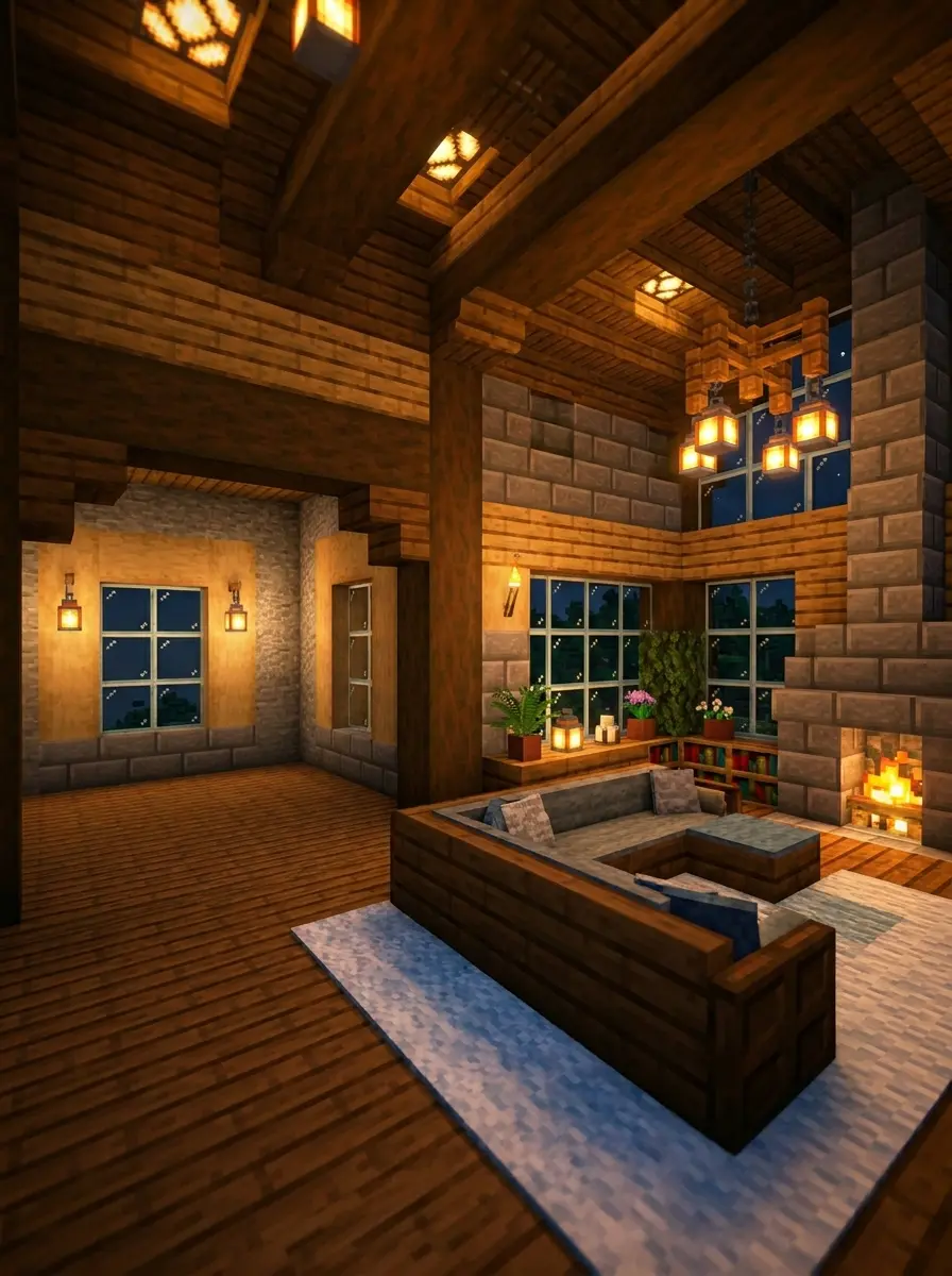 Empty Minecraft dining room inside a beautiful dream house with cozy lighting and unfinished decor.