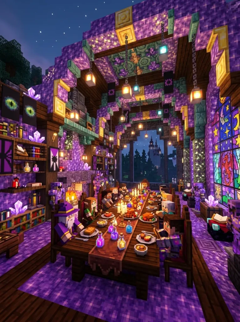 Magical Minecraft dining room filled with glowing plants and fantasy-inspired decor.
