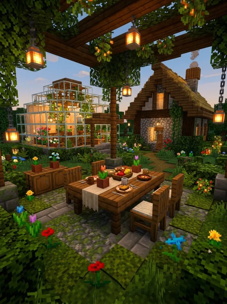 Charming Minecraft dining room surrounded by flowers, vines, and natural greenery.