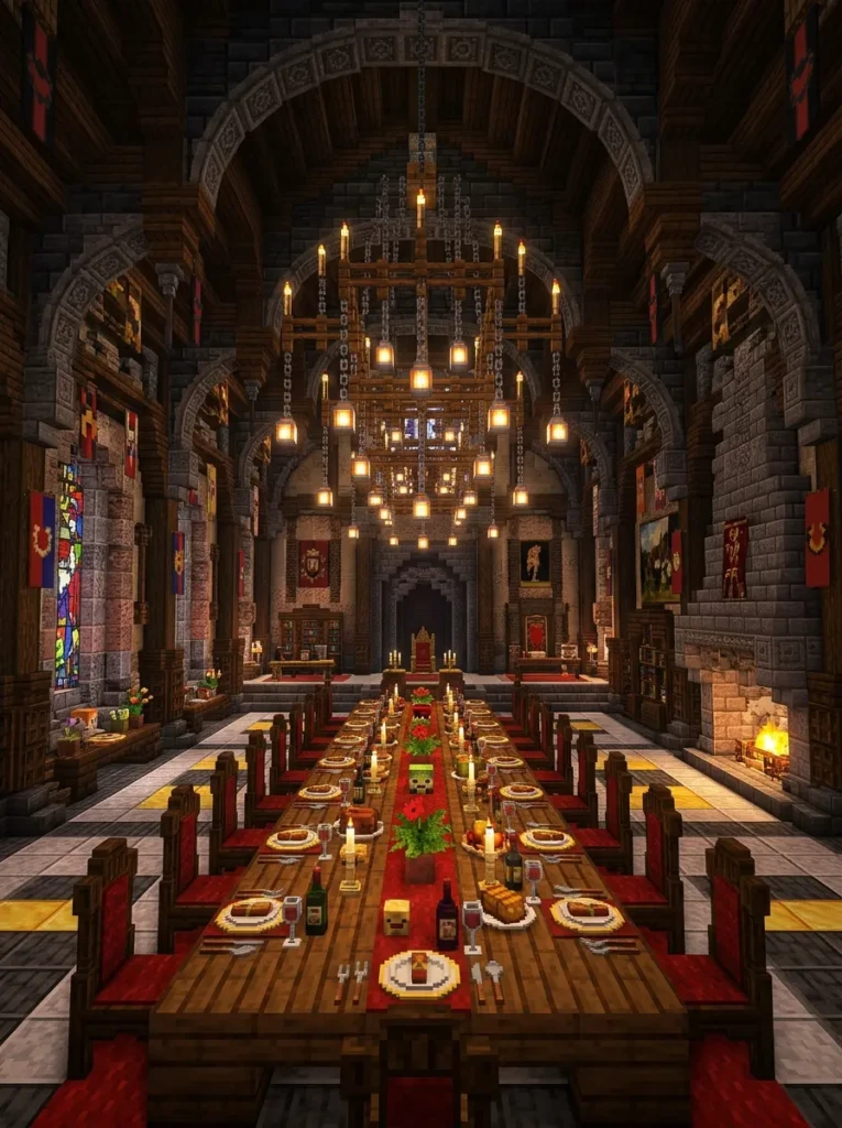 Luxurious Minecraft dining room with a massive chandelier hanging above the table.