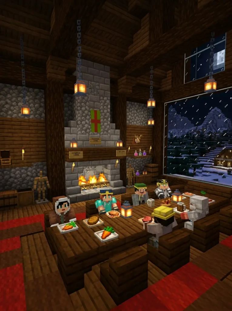 Cozy Minecraft cabin dining room with fireplace and snowy outdoor views.