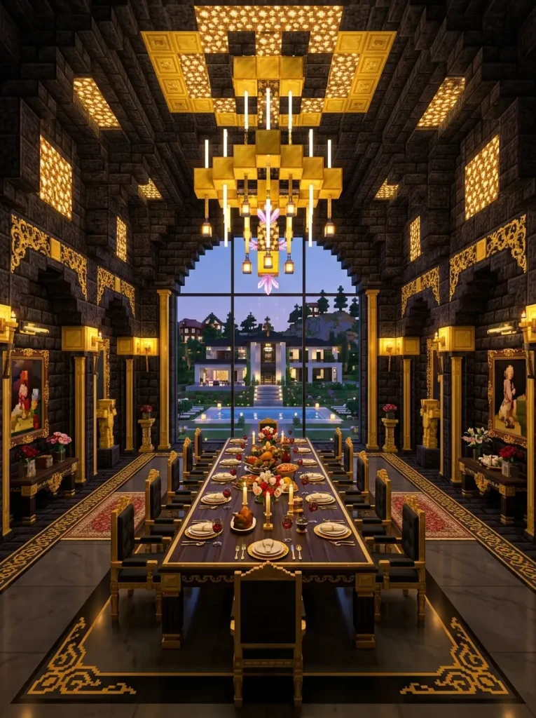 Elegant Minecraft dining room featuring blackstone walls and gold accents.