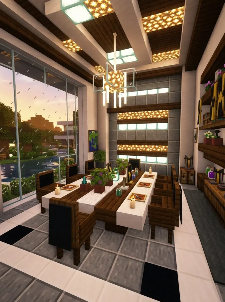 Elegant Minecraft mansion dining room with quartz furniture and large windows.