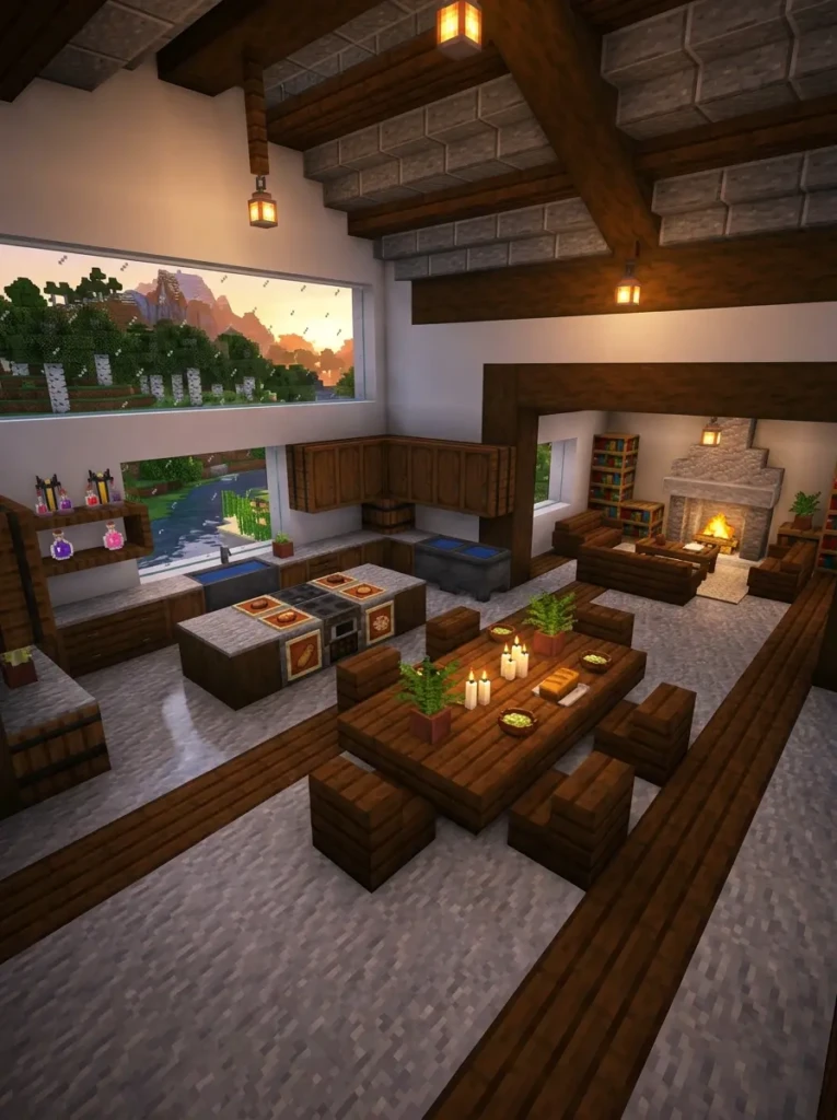 Spacious Minecraft dining room connected seamlessly to the kitchen and living room.