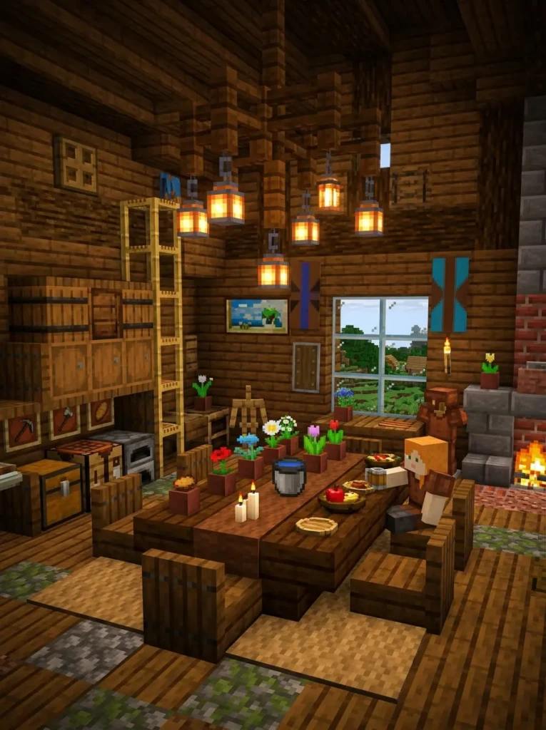 Rustic Minecraft dining room with wooden beams, lanterns, and a long farmhouse table.
