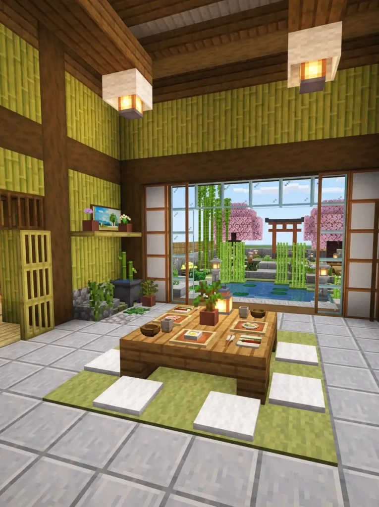 Peaceful Minecraft dining room inspired by Japanese minimalist design and bamboo accents.