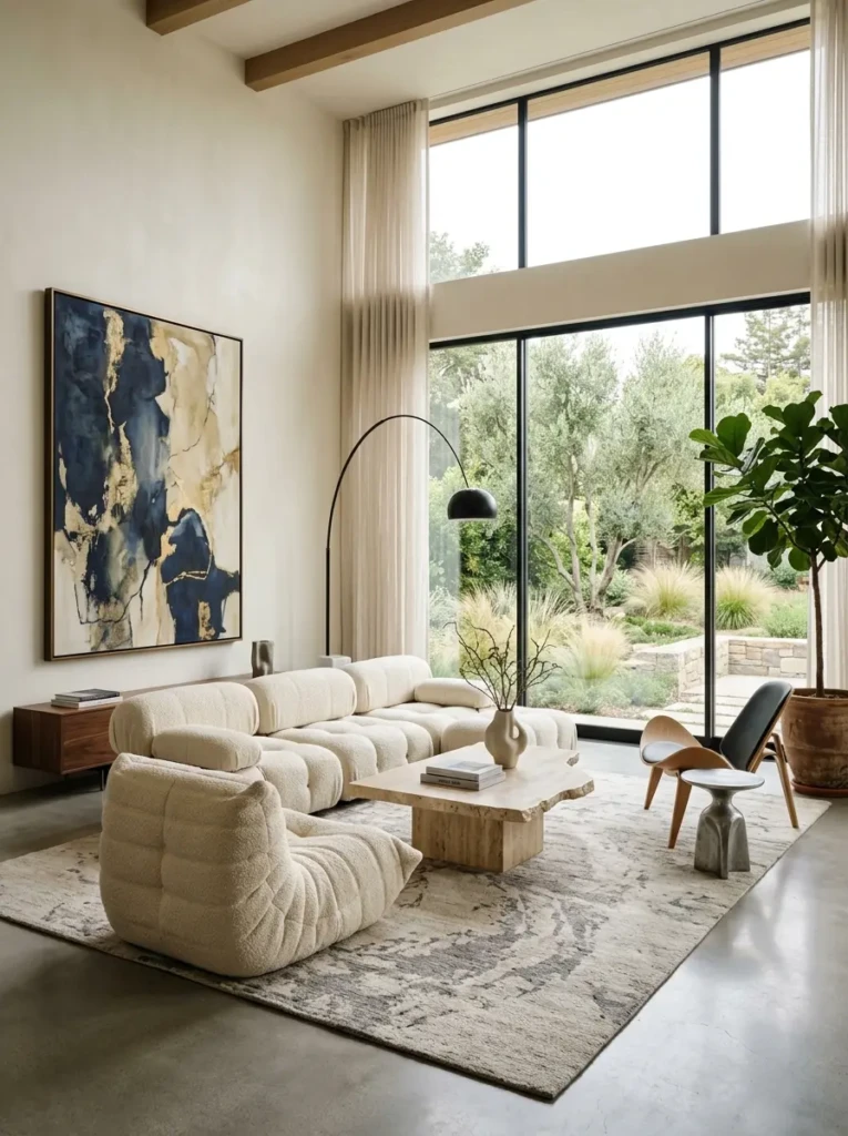 Open organic modern dining room with generous walking space around furniture.