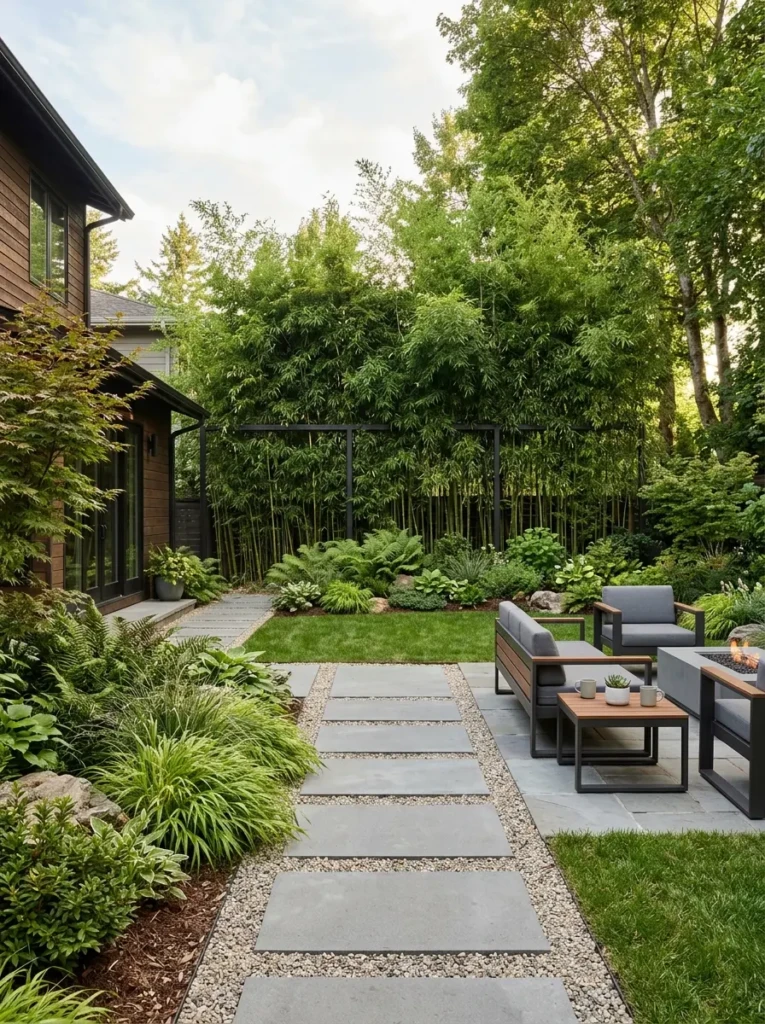 Modern patio featuring bamboo screens and beautiful minimalist garden borders.