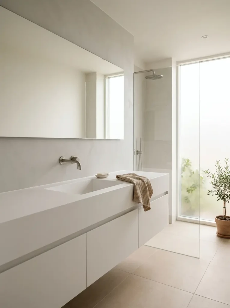 Sleek integrated bathroom sink with hidden storage, clean lines, and a clutter-free contemporary design.