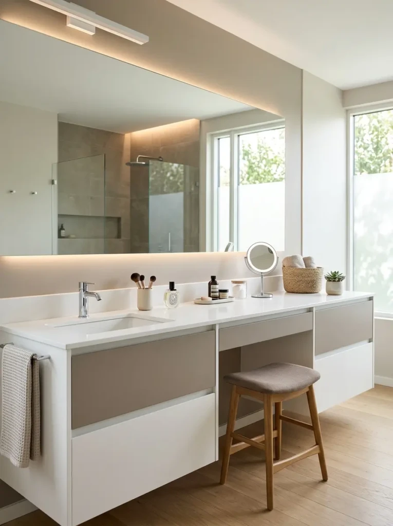 Minimalist bathroom vanity with makeup area, clean lines, neutral palette, and clutter-free contemporary design.