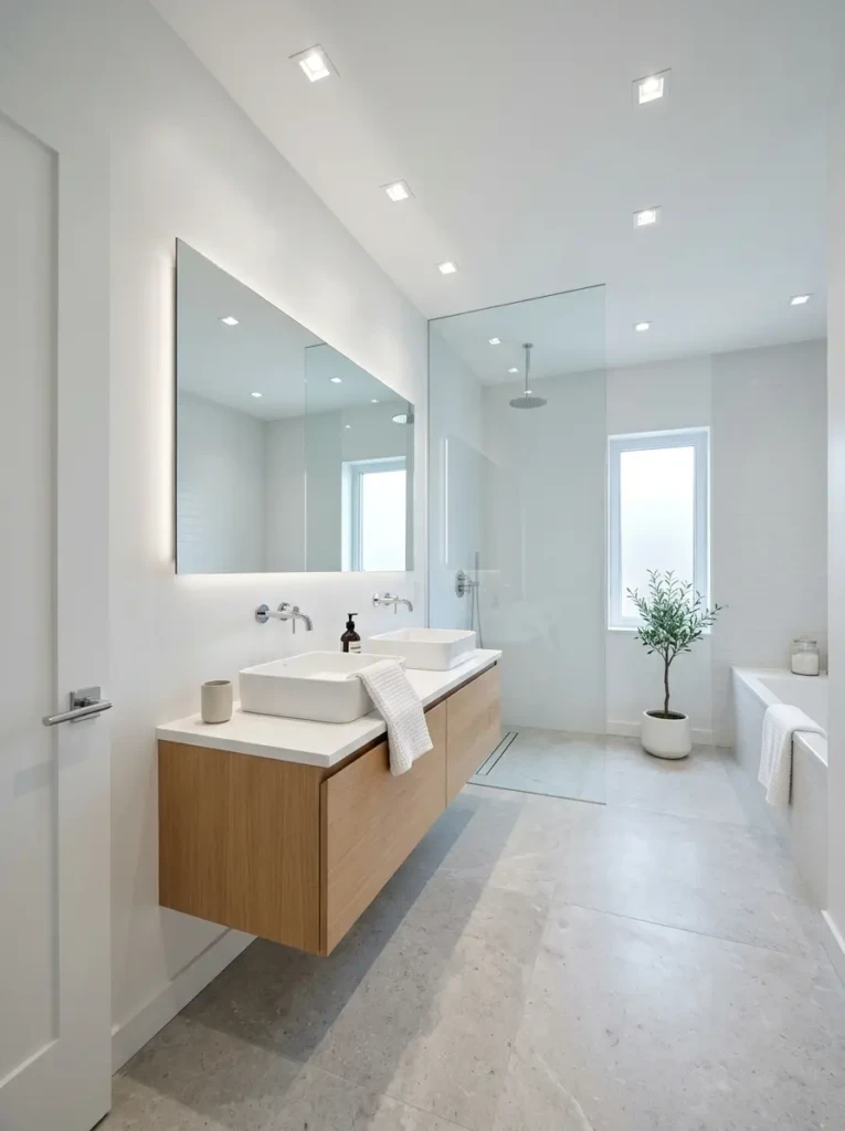 Clean modern bathroom illuminated by recessed lighting and bright airy interiors