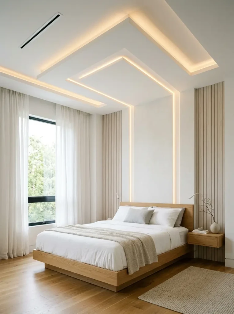 Modern minimalist bedroom with clean-lined false ceiling and soft lighting.