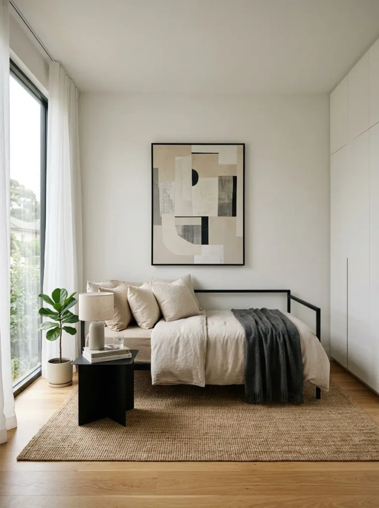 Sleek modern bedroom featuring a minimalist day bed, neutral bedding, clean lines, and uncluttered decor.