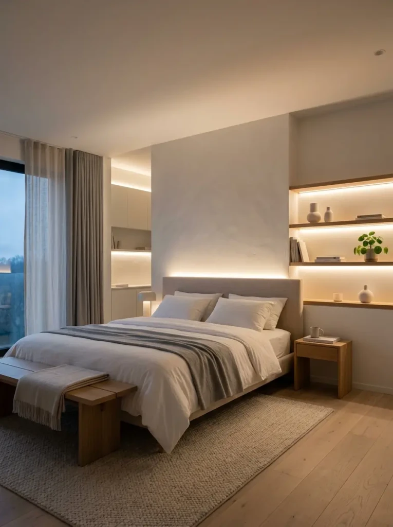 Clean modern bedroom using concealed LED lighting to create a soft and elegant glow.