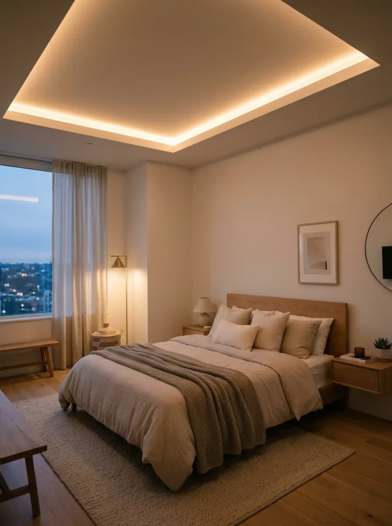 Modern bedroom featuring warm LED strip lights around the ceiling perimeter creating a soft ambient glow.]