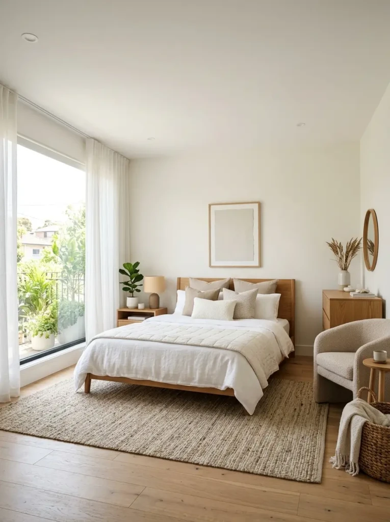 Bright and airy bedroom featuring an all-white ceiling, soft textures, and modern minimalist decor.