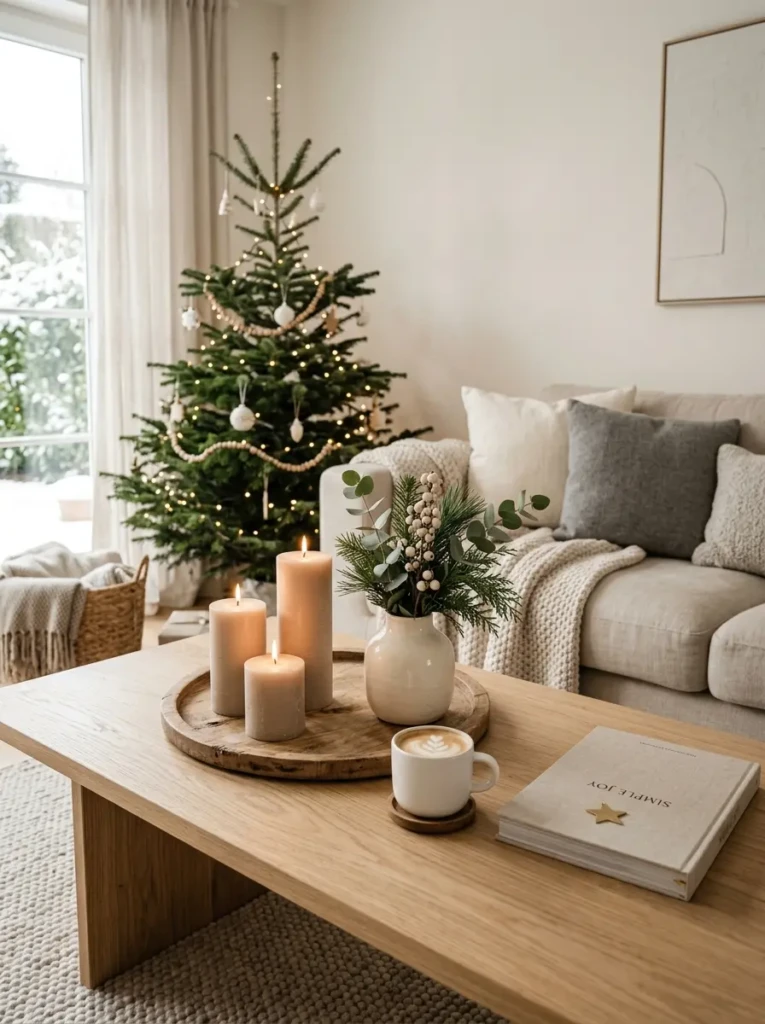 Minimalist Christmas coffee table featuring beige candles, cream decor, greenery, and natural textures.