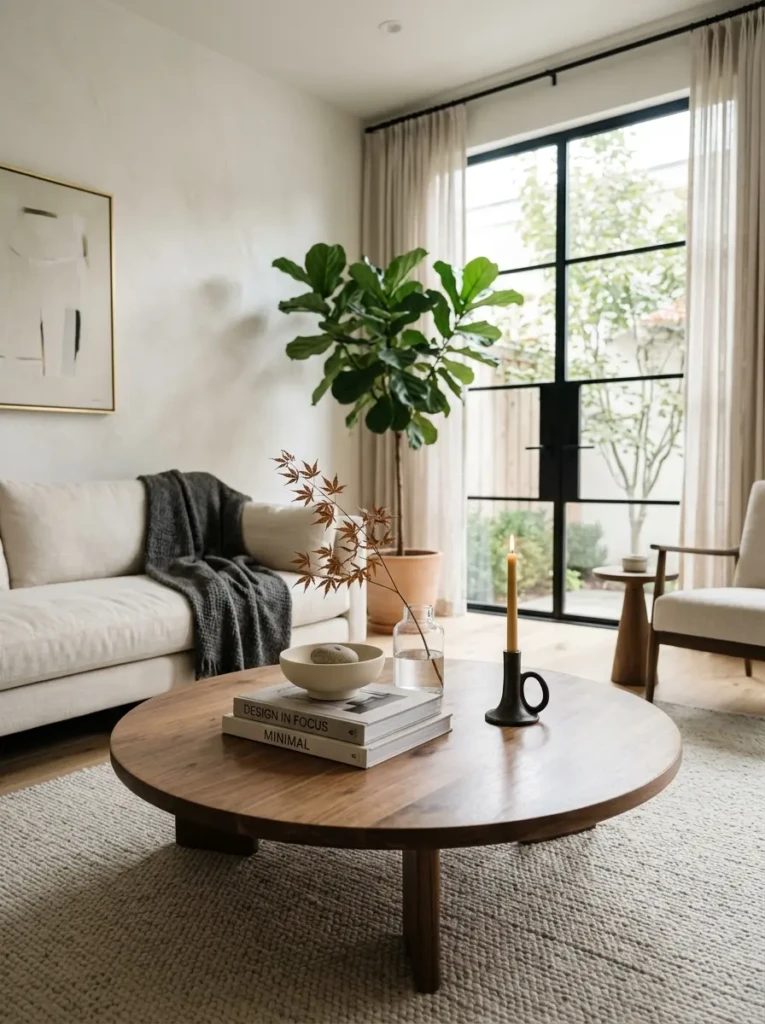 Simple coffee table arrangement featuring a few decorative pieces and plenty of open space.