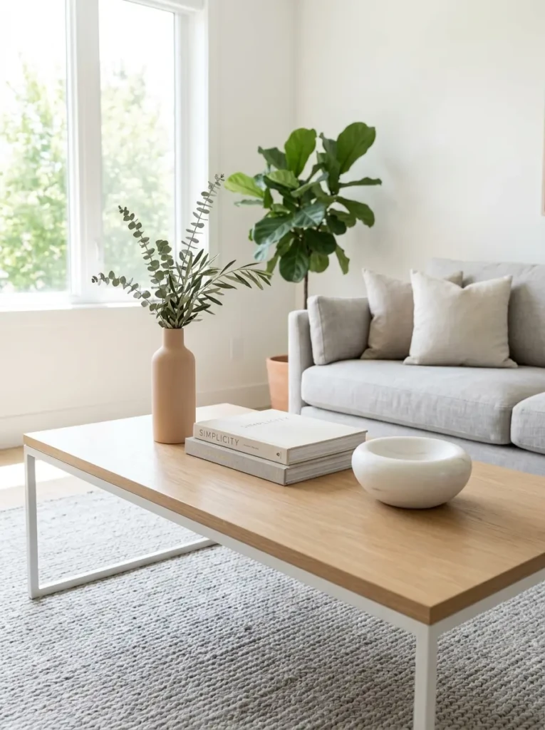 Clean coffee table styling with books, a vase, and plenty of open space.