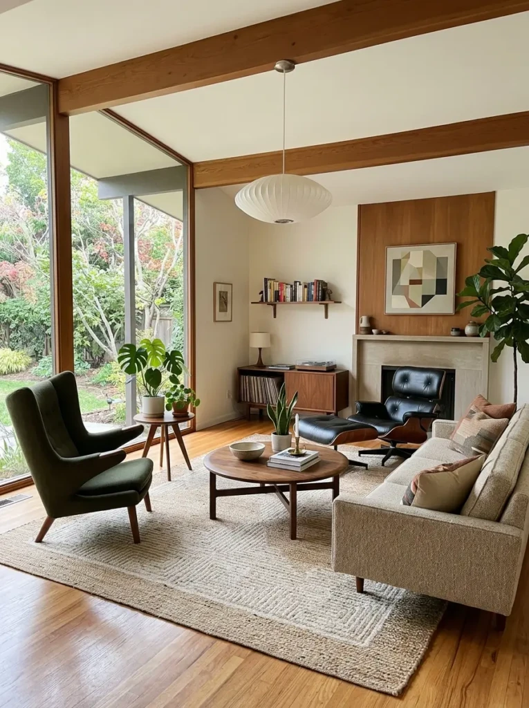 Comfortable conversation area with thoughtfully arranged mid century furniture.