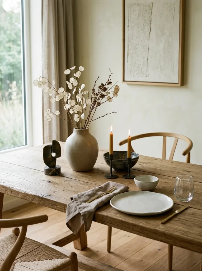Elegant dining room with handcrafted pottery and carefully selected decorative objects