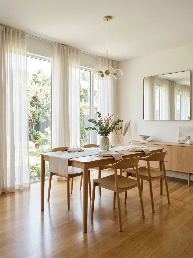 Minimalist dining space featuring sheer linen curtains, light wood furniture, and bright natural light