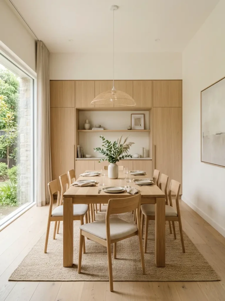 Bright minimalist dining room with sleek built-ins, neutral colors, and clean modern styling.