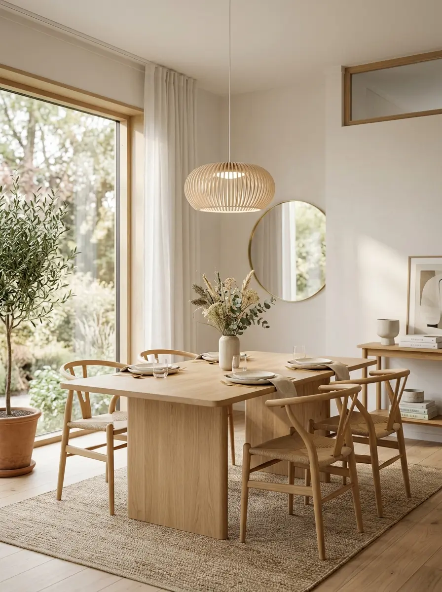 Cozy minimalist dining room with warm sunlight, elegant wooden table, neutral colors, and airy modern interior design