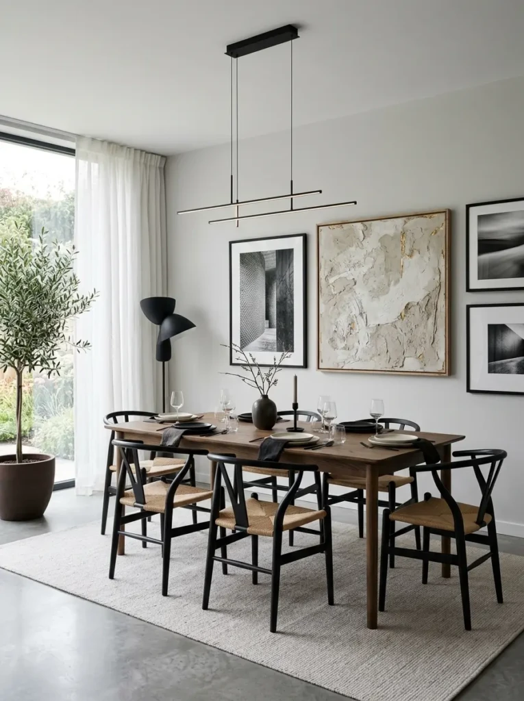 Elegant dining room decorated with black-and-white photography and textured artwork