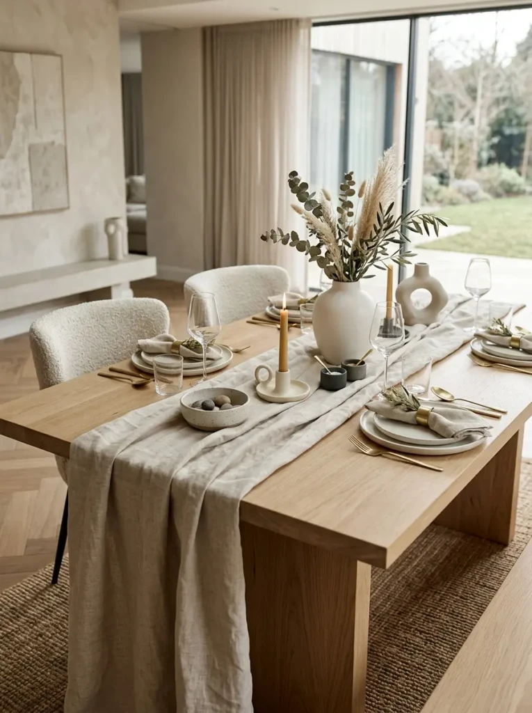 Stylish dining table featuring a soft linen runner paired with minimalist decorative accents.
