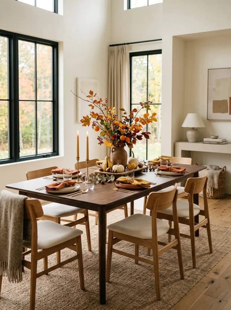 Airy dining room with curated autumn decor and intentional open space.