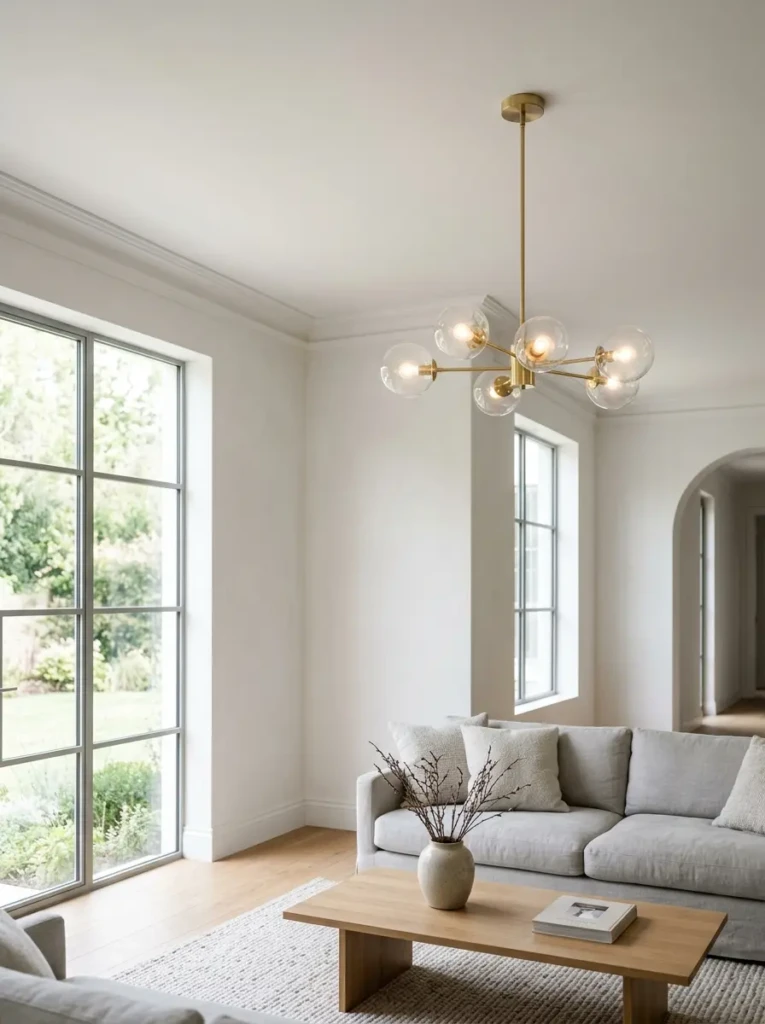 Minimalist living room featuring subtle ceiling molding and refined lighting fixtures.