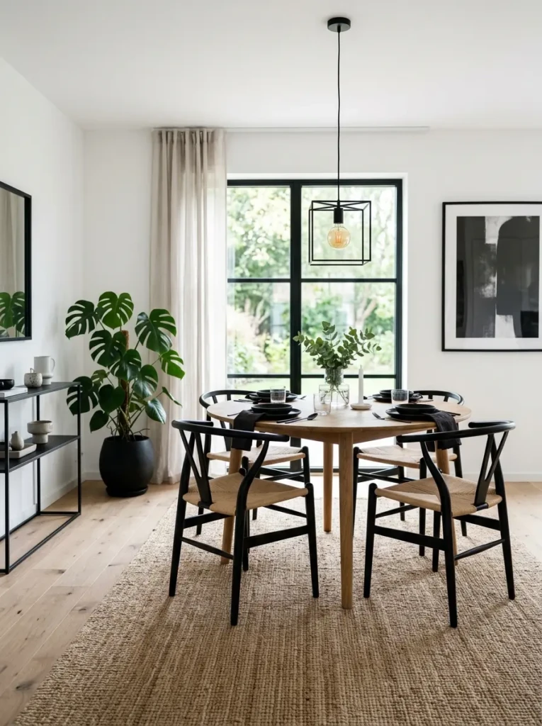 Modern dining room with white walls, black accents, and a large natural jute rug.
