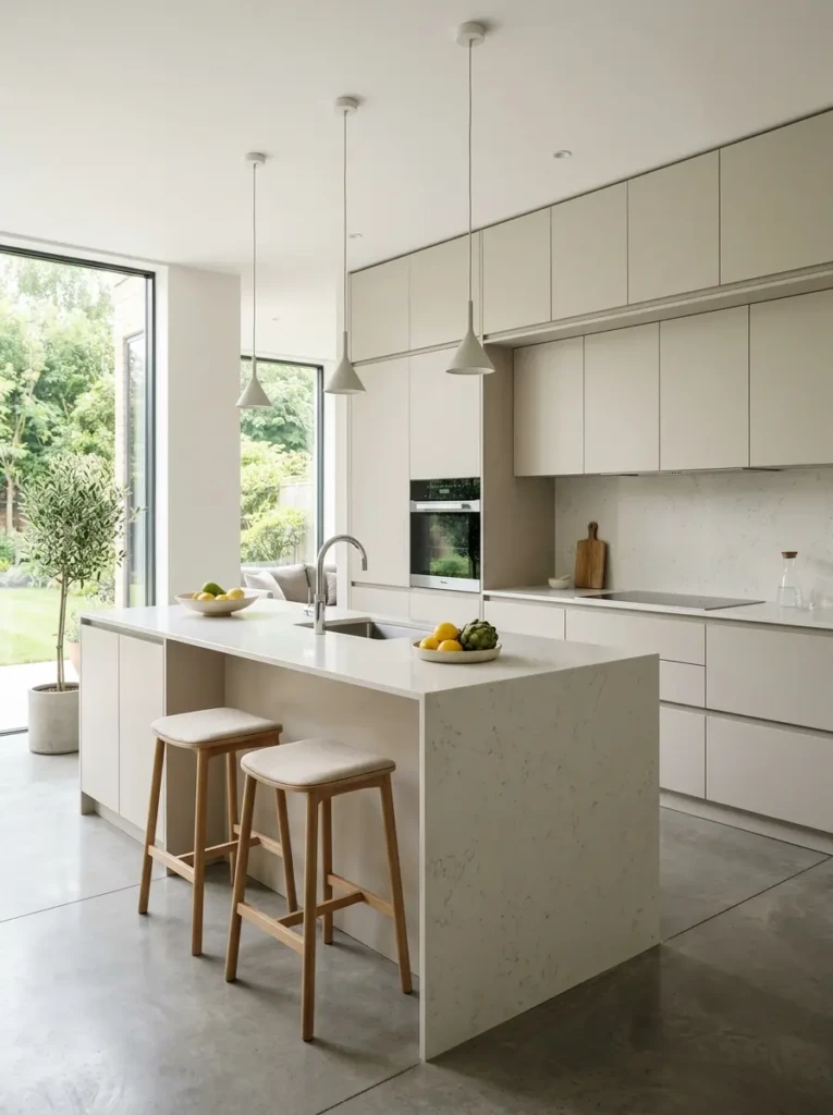 Contemporary kitchen with seamless handleless cabinets and clean modern design lines.