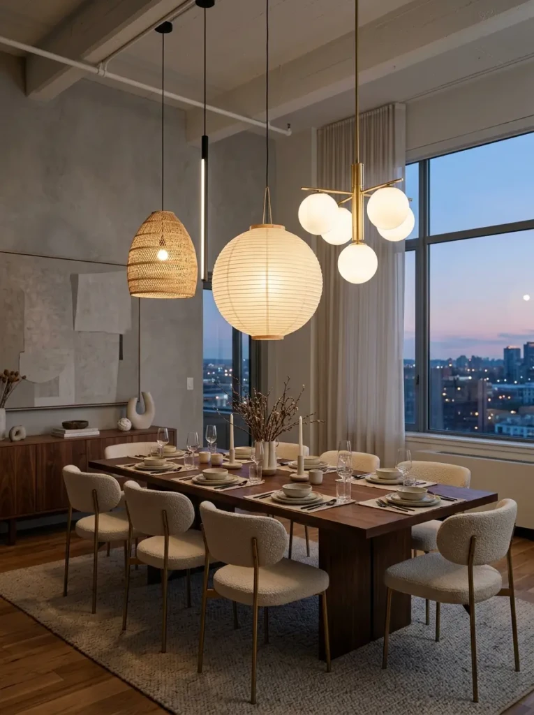 Collection of contemporary pendant lights enhancing a minimalist dining space