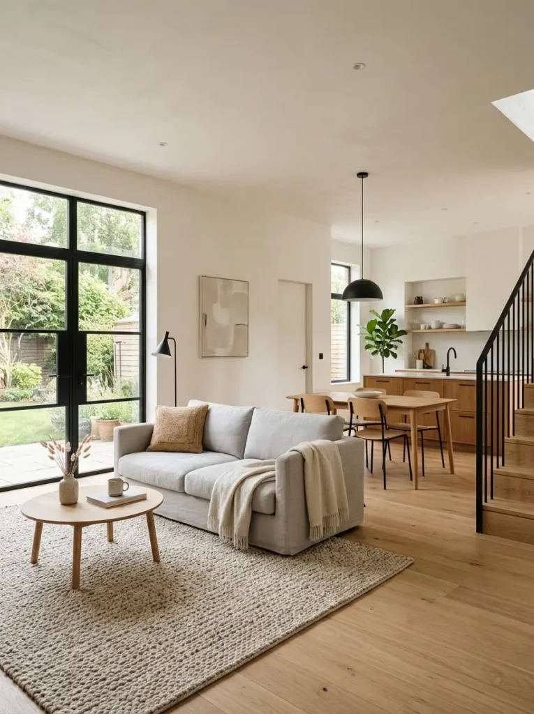 Minimalist home interior with warm white walls, soft black fixtures, natural wood accents, and textured decor creating balanced contrast.