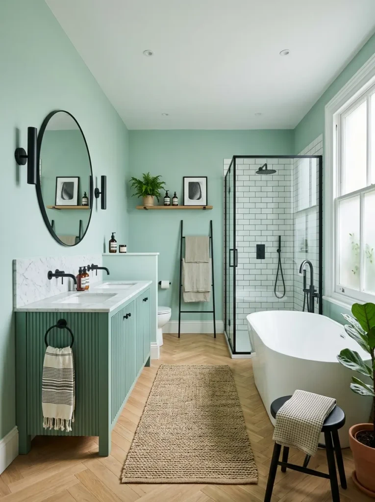 Modern mint green bathroom styled with black lighting and matching hardware.