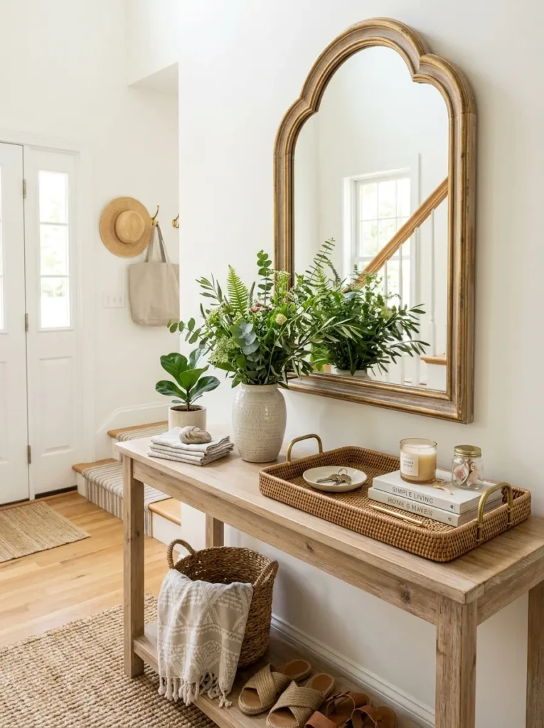 Entry table styled with a mirror, greenery, and decorative tray.
