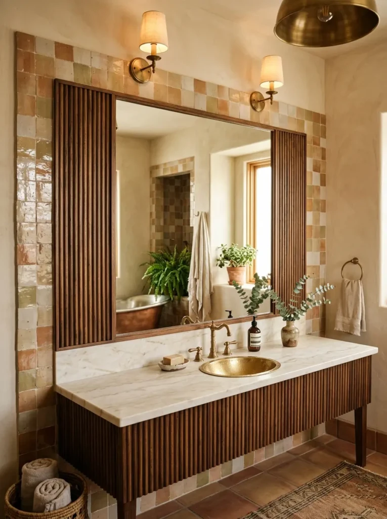 Mirror framed by fluted wood panels and handcrafted decorative tiles.