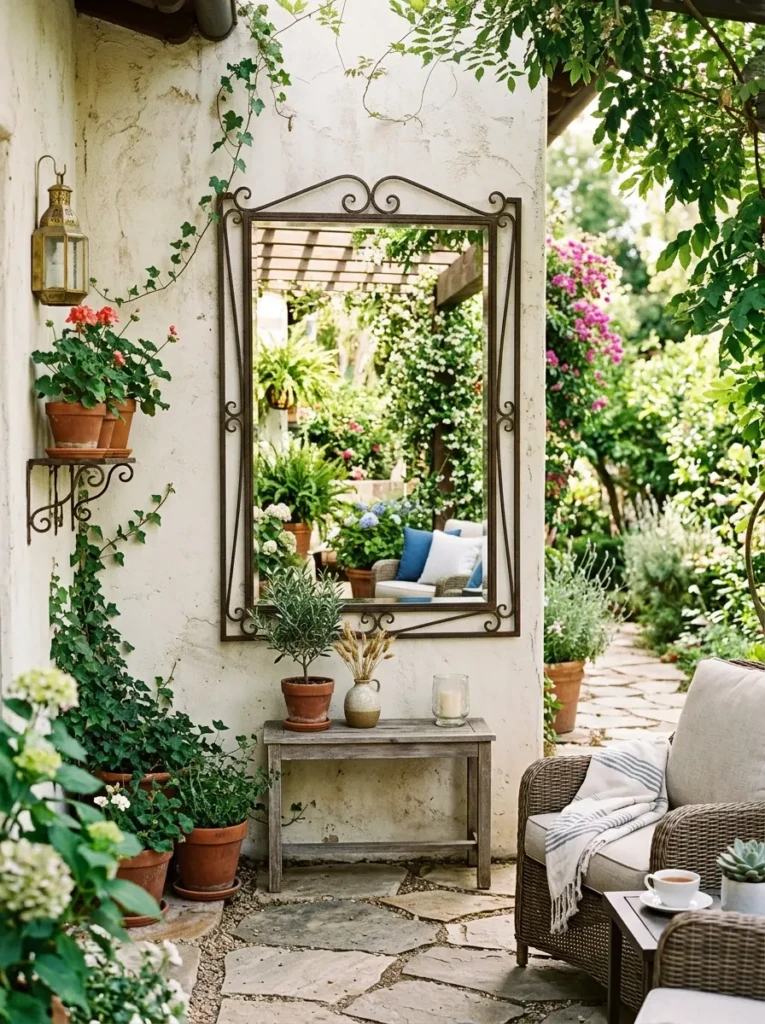 Decorative weather-resistant mirror mounted on a patio wall.