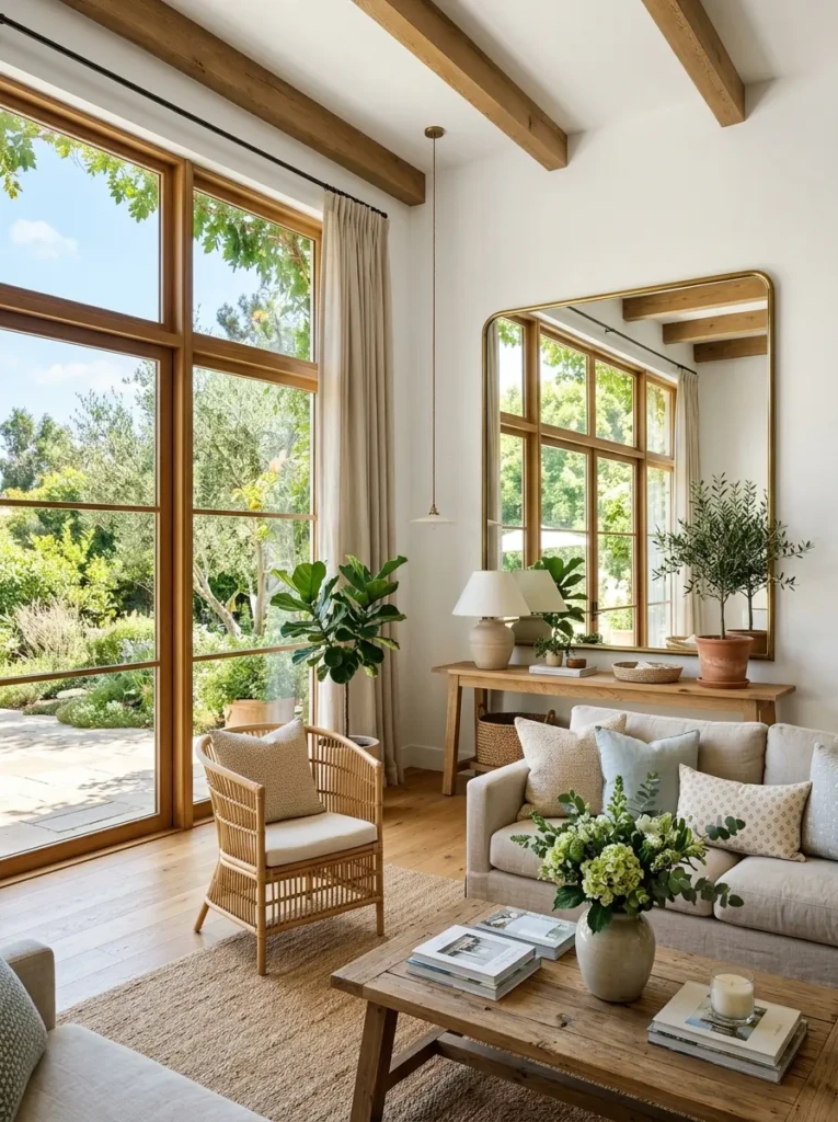 Mirror positioned across from windows to enhance natural light indoors.