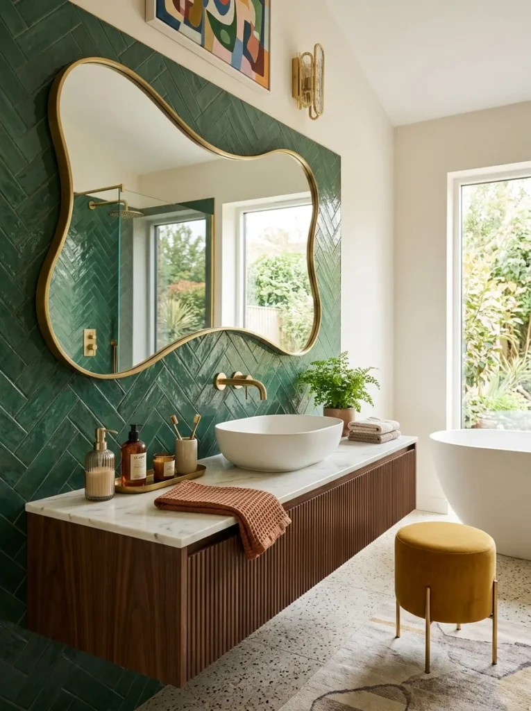 Organic-shaped mirror adding modern personality to a luxury bathroom.