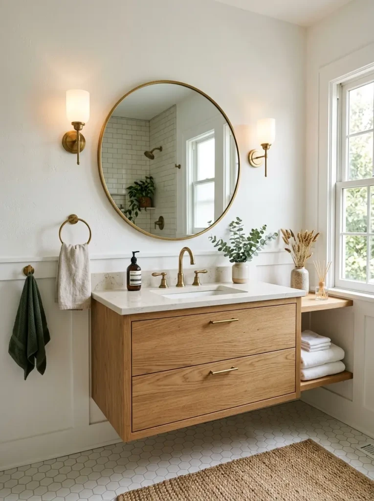 Round bathroom mirror paired with wood accents, brass fixtures, and white walls.