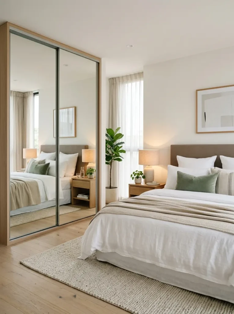 Stylish mirrored wardrobe reflecting natural light in a modern bedroom.